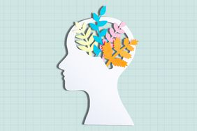 Cut out of head with plants growing on a designed background