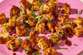 Balsamic Tofu Bites on a pink plate 