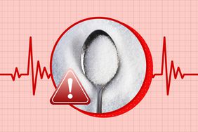 a collage featuring a spoon with Erythritol, heart beat lines, and an exclamation warning icon