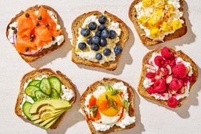 cottage cheese toasts with various toppings overhead