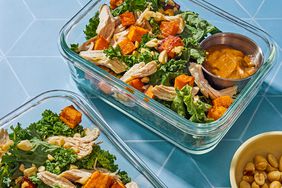 Image of Sweet Potato, Kale & Chicken Salad with Peanut Dressing in portable glass container