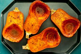 Overhead photo of Roasted Honeynut Squash on a platter. 
