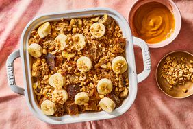 a recipe photo of the Peanut Butter & Banana French Toast Casserole