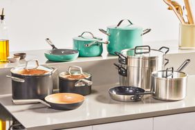 three sets of ceramic cookware sitting on a countertop