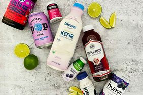 array of probiotic drinks, including Health-Ade Kombucha, Culture Pop, Lifeway Kefir, Humm Kombucha and more