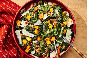 an image of the Roasted Butternut Squash Salad in a red bowl
