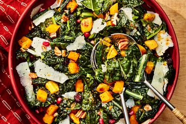 an image of the Roasted Butternut Squash Salad in a red bowl