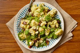 a recipe photo of the Roasted Cauliflower Salad with Almonds, Olives & Feta