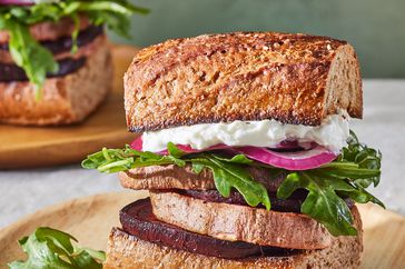 a recipe photo of the Roasted Sweet Potato & Beet Sandwiches 