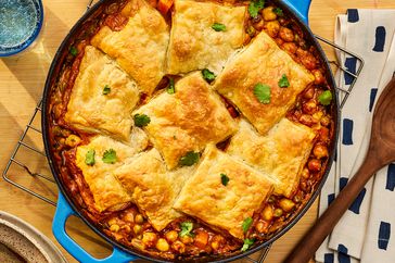 a recipe photo of the Skillet Curry Chickpea Potpie with Puff Pastry Crust