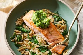 a recipe photo of the Skillet Salmon with Orzo & Green Pea Pesto