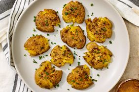 an overhead view of the Smashed Roasted Potatoes served on a white plate