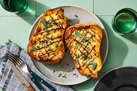 overhead view of Stuffed Butternut Squash served on a ceramic plate