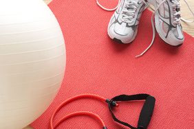 yoga mat shoes and exercise ball