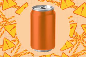 a photo of a generic orange soda can with warning signs and warning tape 