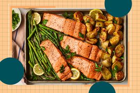 a recipe photo of the Garlic Butter-Roasted Salmon with Potatoes & Asparagus