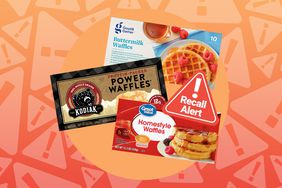 a collage featuring various brands of frozen waffles with the "recall alert" badge