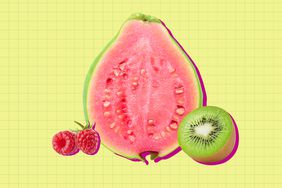 a collage featuring raspberries, guava, and kiwi 