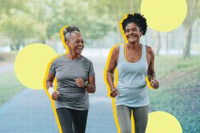 a photo of two friends jogging together and smiling in the park