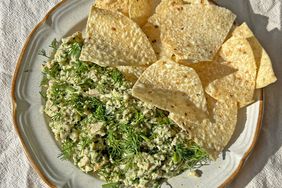 Overhead photo of Green Goddess Tuna Salad with tortilla chips