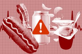 a collage featuring ultra processed foods, a cardiograph, and a warning sign 