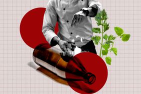 a collage featuring a chef cooking, an empty beer bottle, and fresh herbs
