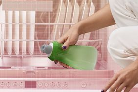 a photo of a woman adding dishwasher detergent liquid to the dishwasher
