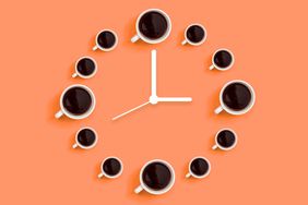 a clock face made out of cups of coffee