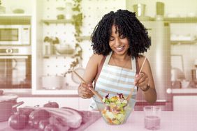 a photo of a woman making a salad at home