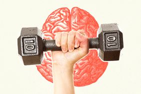 a woman's hand holding a 10lb dumbbell with an illustration of a brain in the background