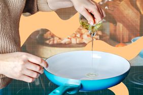 a photo of a person pouring oil into a ceramic pan