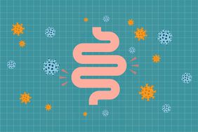 an illustration of a gut surrounded by COVID-19 
