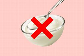 a photo of yogurt in a bowl with a spoon scooping some out and a red X over it