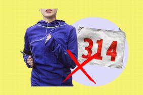 a collage featuring a person running, a marathon bib, and a red X over them