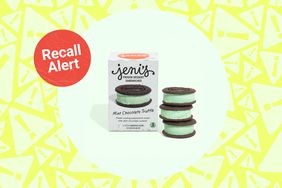a photo featuring Jeni's Mint Chocolate Truffle Ice Cream Sandwiches and the recall alert badge