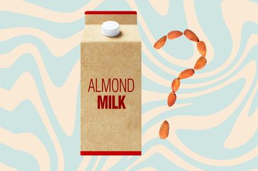 a collage featuring a container of almond milk with a question mark made of almonds beside it