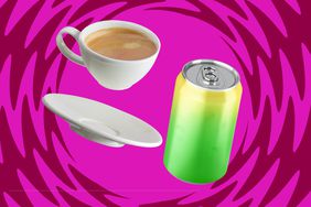 a collage featuring a cup of coffee and a generic energy drink can