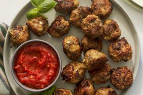 Overhead view of a plate of meatballs from the Italian-Style Beef & Pork Meatballs recipe
