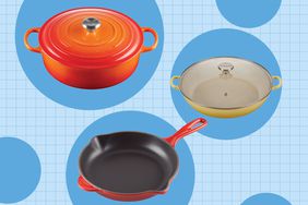 a collage featuring the products in the Le Creuset Factory to Table sale