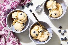 Three bowls with scoops of lemon-blueberry nice cream