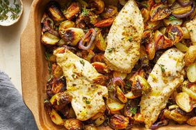 Lemon-Garlic Dump Dinner with Chicken, Potatoes & Brussels Sprouts in baking dish