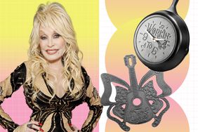 a photo of Dolly Parton and a couple of her products from her collaboration with Lodge