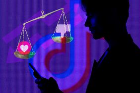 a collage featuring the silhouette of a person looking at their phone, scales with a like and dislike symbols, up and down trending arrows, and the Tiktok logo