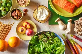 a grouping of fruits, vegetables, grains, and proteins in the 7-Day Mediterranean Meal Plan: 1,200 Calories