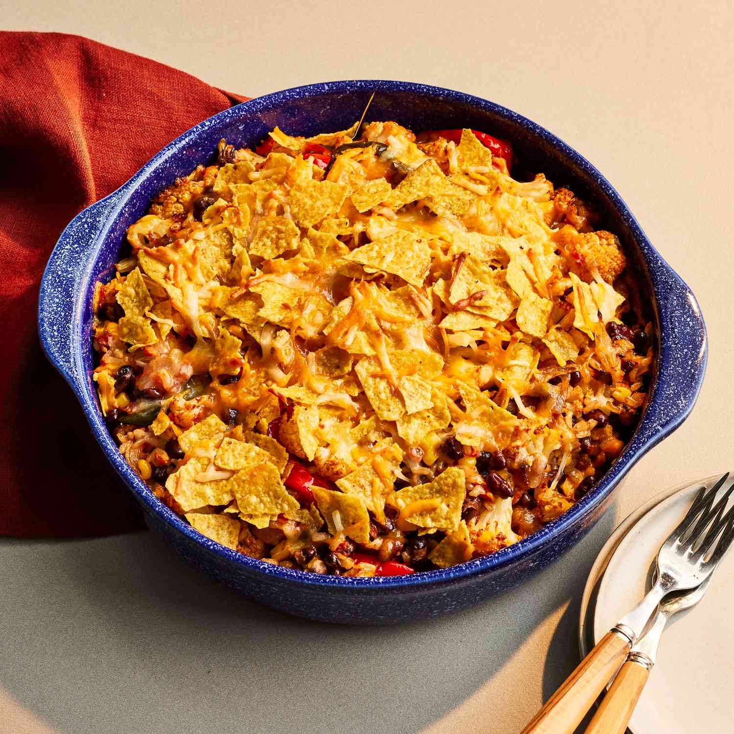 a recipe photo of the Nacho Cauliflower Casserole served in a dish