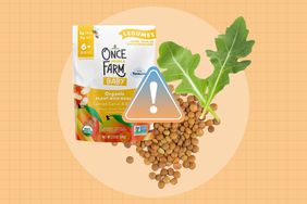 a collage featuring Once Upon a Farm product being recalled, arugula, and brown lentils
