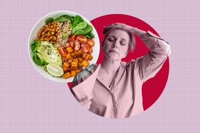 a collage featuring a woman holding her hair back and fanning herself while experiencing a hot flash with a vegan meal beside her 
