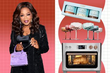 a photo of Oprah beside some of the objects on her favorite things list