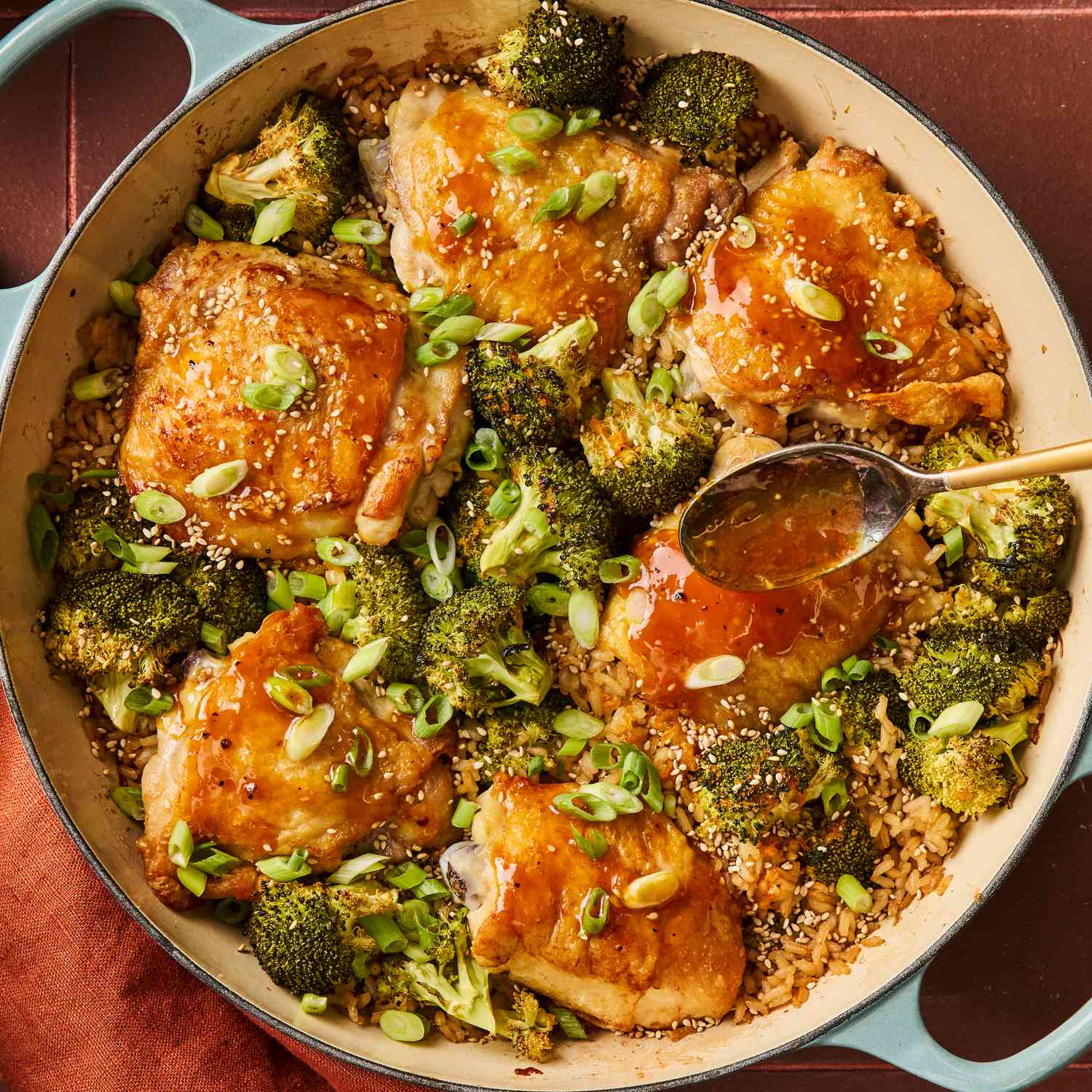 an overhead image of the Orange Chicken & Broccoli Skillet