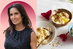 a photo of Padma Lakshmi beside EatingWell's Bulgur & Butter Bean Salad recipe photo